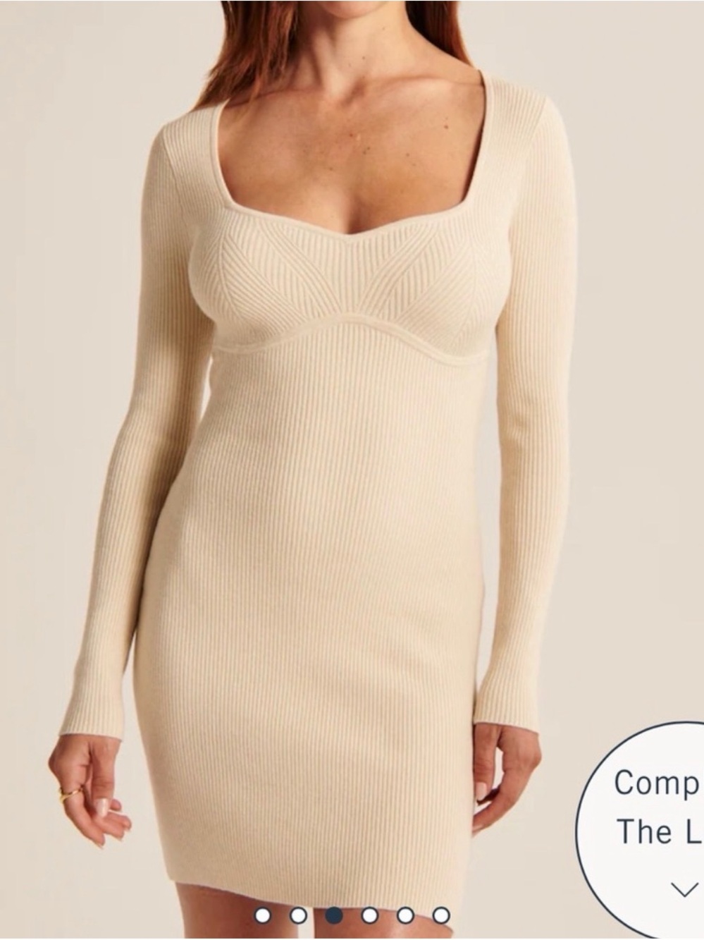 Abercrombie & Fitch Ivory Ribbed Square-Neck Long Sleeve Dress